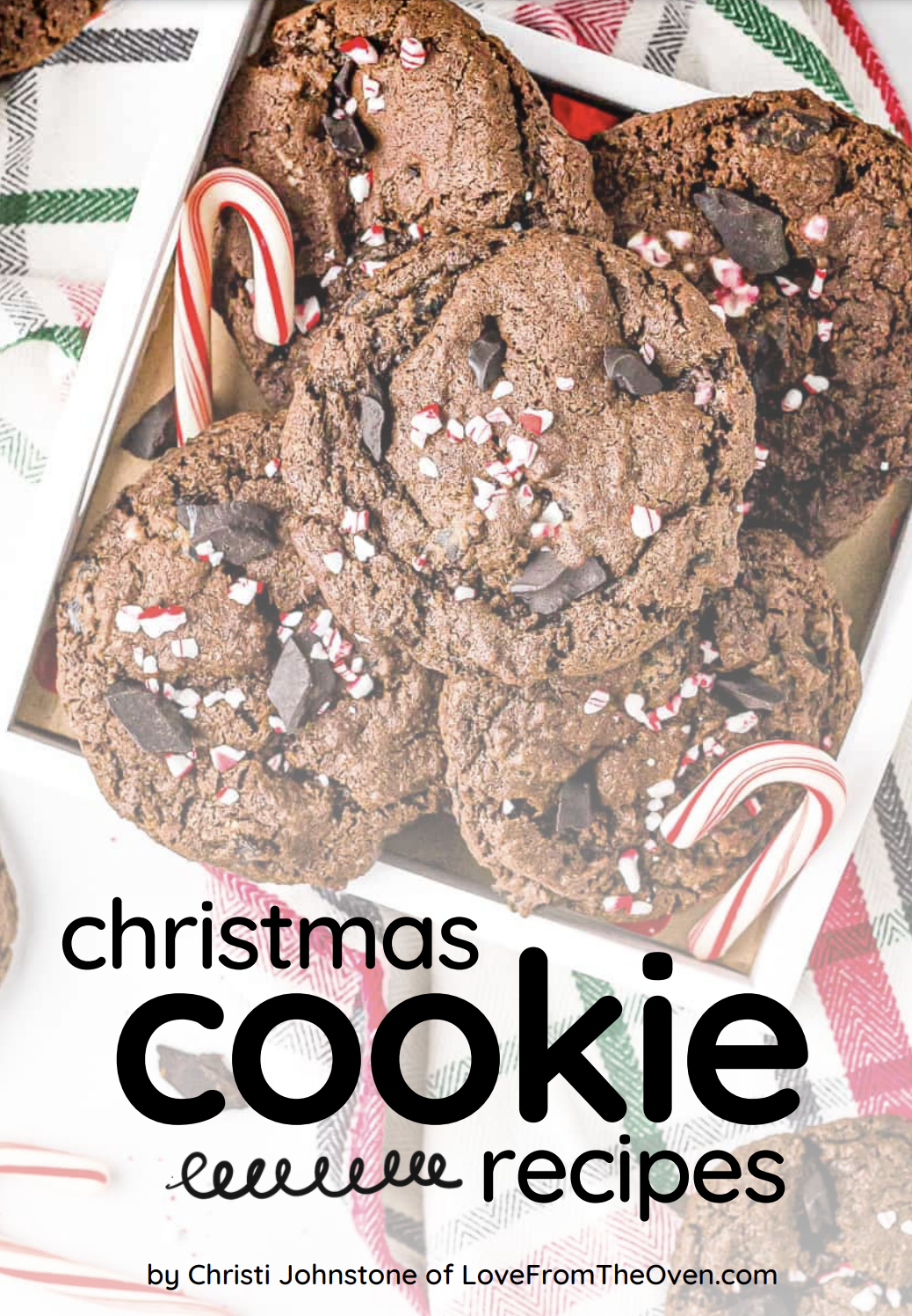 Chocolate cookies with candy canes in a small box.